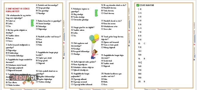 2. SINIF  NEZAKET VE GÖRGÜ KURALLARI TESTİ