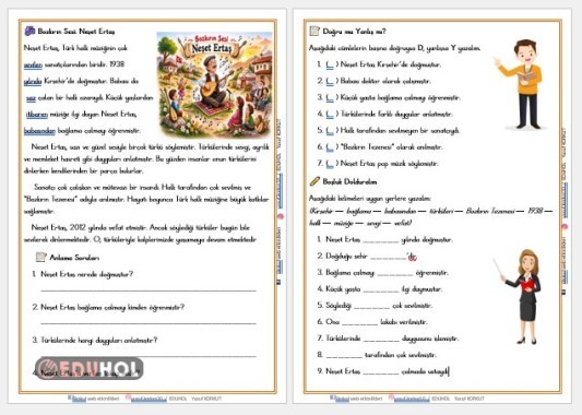 2. SINIF 'NEŞET ERTAŞ' OKUMA ANLAMA METNİ VE DEĞERLENDİRME ETKİNLİĞİ