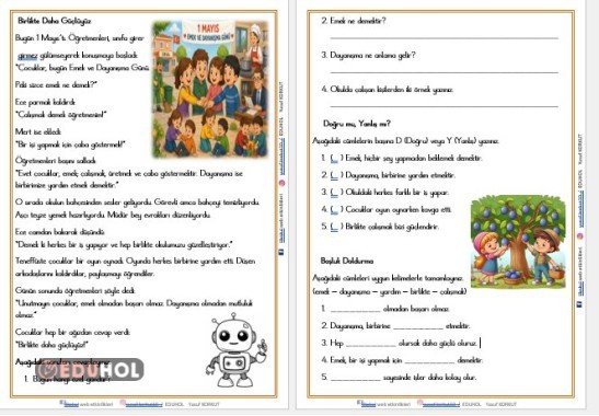 2. SINIF  ''BİRLİKTE DAHA GÜÇLYÜZ'' OKUMA ANLAMA METNİ VE DEĞERLENDİRME ETKİNLİĞİ OLUŞTUR