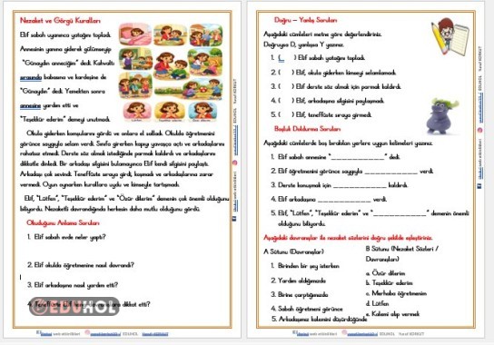 2. SINIF  ''NEZAKET VE GÖRGÜ KURALLARI ''OKUMA ANLAMA METNİ  VE DEĞERLENDİRME ETKİNLİĞİ