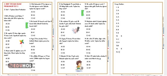2. SINIF  TOPLAMA İŞLEMİ PROBLEMLERİ TEST 2