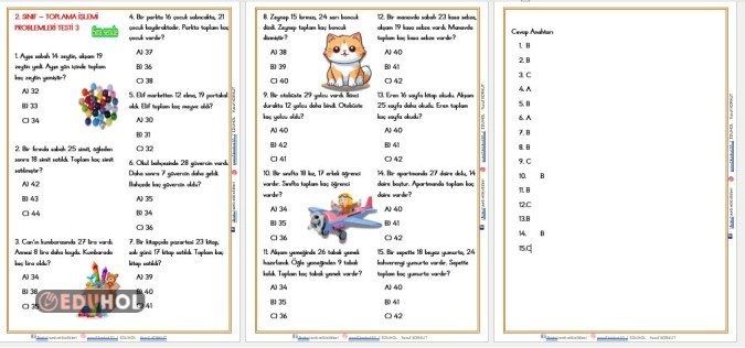 2. SINIF  TOPLAMA İŞLEMİ PROBLEMLERİ TEST 3