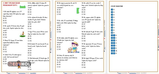 2. SINIF  TOPLAMA İŞLEMİ PROBLEMLERİ TESTİ 5