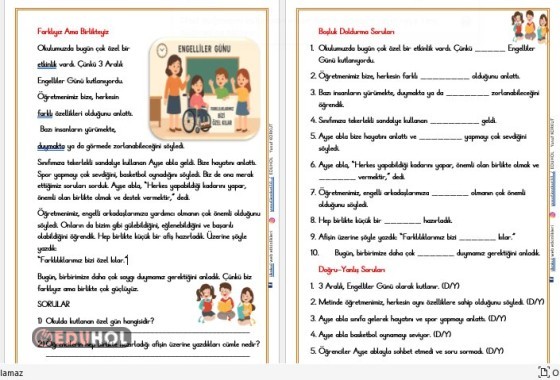 Farklıyız Ama Birlikteyiz OKUMA ANLAMA  METNİ VE DEĞERLENDİRME ETKİNLİĞİ