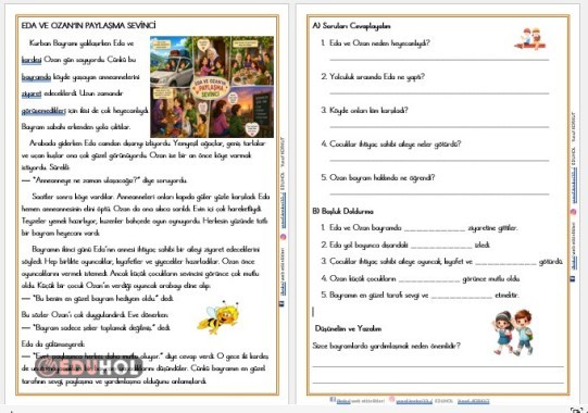 4. SINIF''EDA VE OZAN’IN PAYLAŞMA SEVİNCİ'' OKUMA ANLAMA METNİ VE DEĞERLENDİRE ETKİNLİĞİ