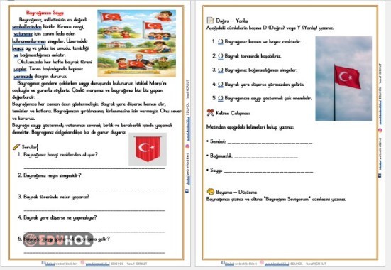 BAYRAĞIMIZA SAYGI  OKUMA ANLAMA METNİ VE DEĞERLENDİRME ETKİNLİĞİ