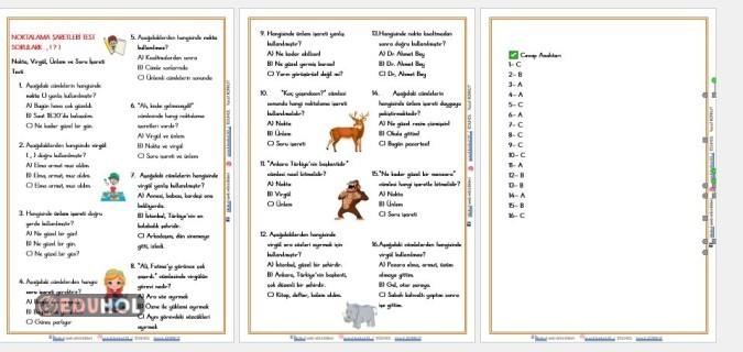 NOKTALAMA İŞARETLERİ TEST SORULARI