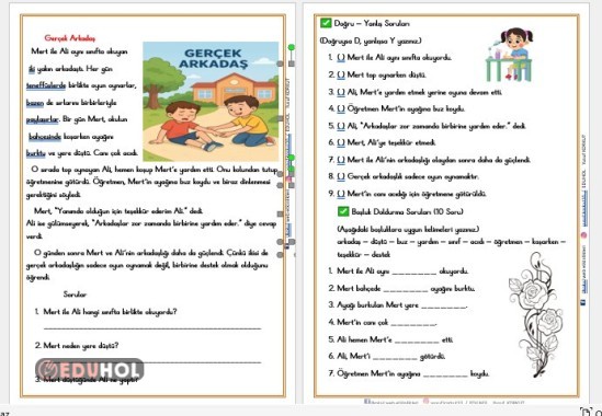 'GERÇEK ARKADAŞLIK ' OKUMA ANLAMA VE DEĞERLENDİRME  ETKİNLİĞİ