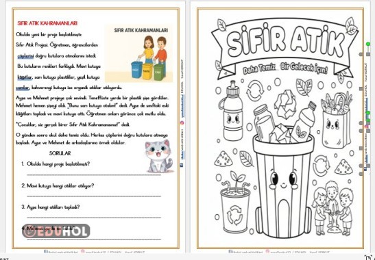 ''SIFIR ATIK'' OKUMA ANLAMA METNİ VE BOYAMA SAYFASI