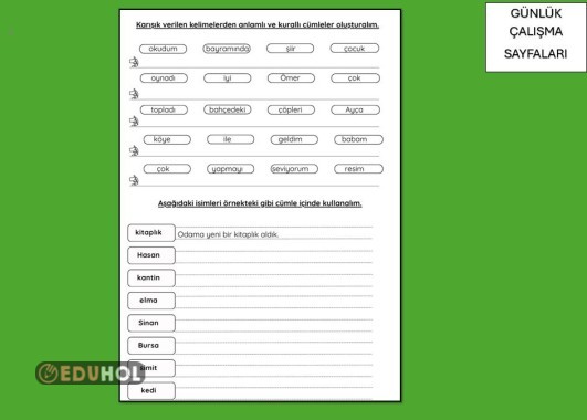 ANLAMLI KURALLI CÜMLE KURMA VE CÜMLE OLUŞTURMA ÇALIŞMA SAYFASI