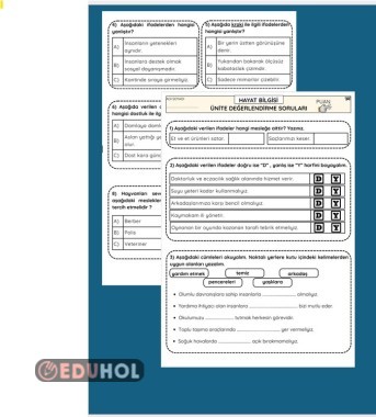 HAYAT BİLGİSİ ÜNİTE DEĞERLENDİRME ÇALIŞMA KAĞIDI