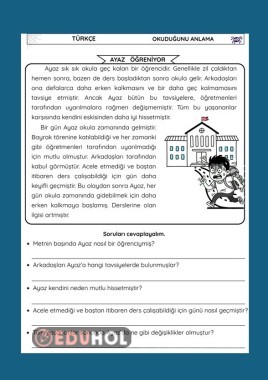 OKUDUĞUNU ANLAMA ÇALIŞMA KAĞIDI