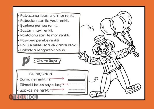 P SESİ PALYAÇO OKU ANLA BOYA CEVAPLA ÇALIŞMA KAĞIDI