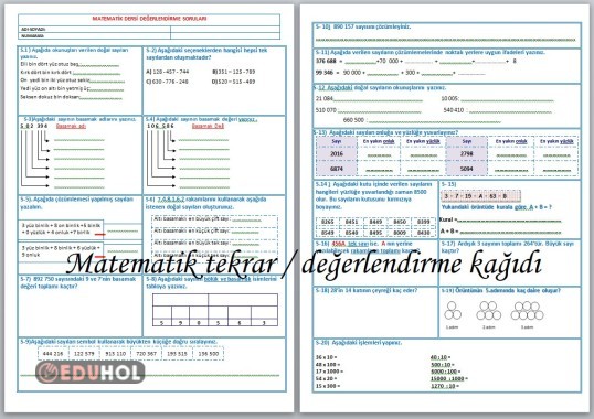 MATEMATİK KONU TEKRAR/DEĞERLENDİRME ÇALIŞMASI