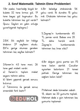 2. Sınıf Matematik Toplama ve Çıkarma İşleminde Tahmin Etme Problemleri