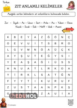 Zıt Anlamlı Kelimeler Sözcük Avı Bulmaca
