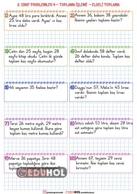 TOPLAMA İŞLEMİ PROBLEMLERİ 4 ELDELİ TOPLAMA