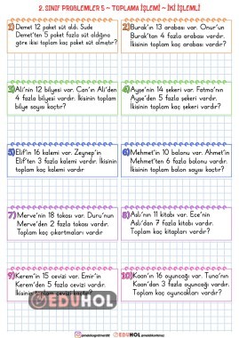 TOPLAMA İŞLEMİ PROBLEMLERİ 5 İKİ İŞLEMLİ