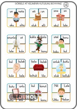 U SESİ GÖRSELE AİT KELİMENİN KUTUSUNU BOYAMA