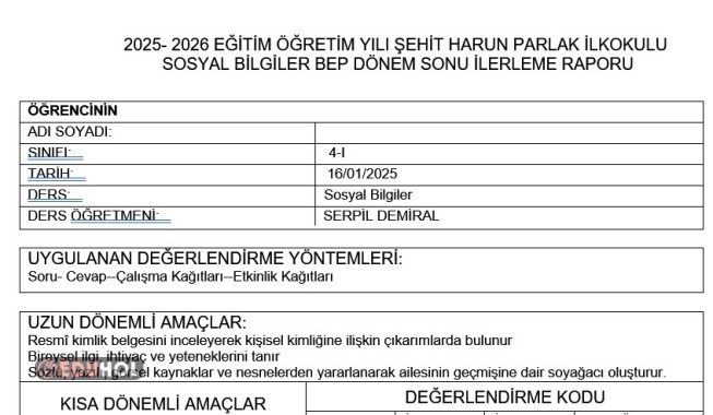 4.Sınıf 2025-2026 Sosyal Bilgiler 1.Dönem Bep Rapor