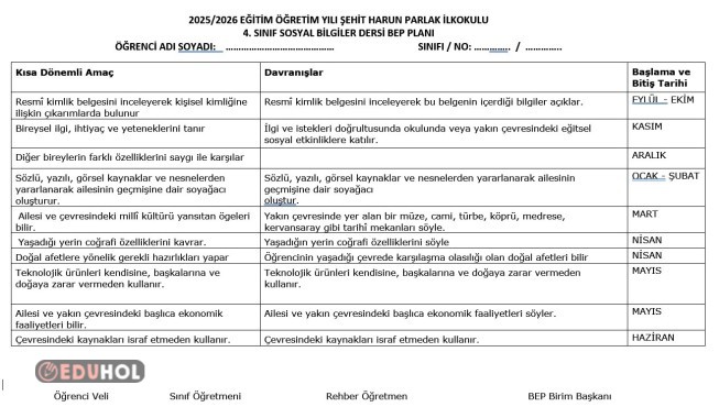 4.Sınıf Sosyal Bilgiler Bep Planı