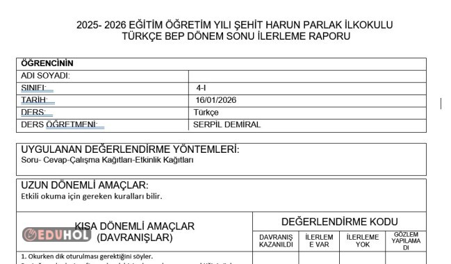 4.Sınıf 2025-2026 Türkçe 1. Dönem Bep Rapor