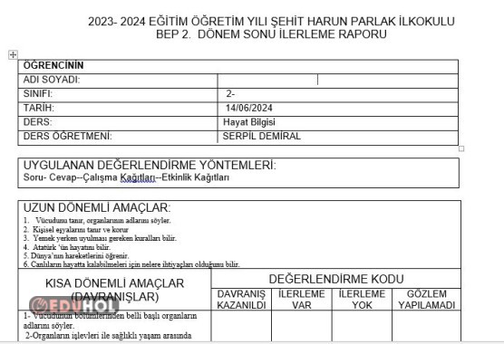 BEP HAYAT BİLGİSİ 2.DÖNEM İLERLEME RAPORU