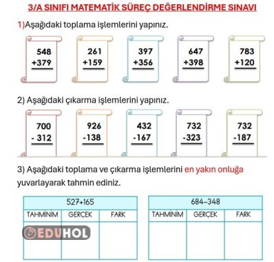 3. SINIF MATEMATİK TOPLAMA VE ÇIKARMA SINAVI