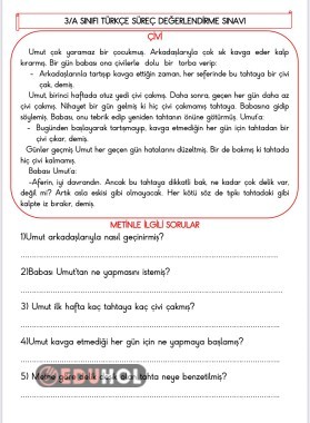3. Sınıf Türkçe 1. Süreç değerlendirme