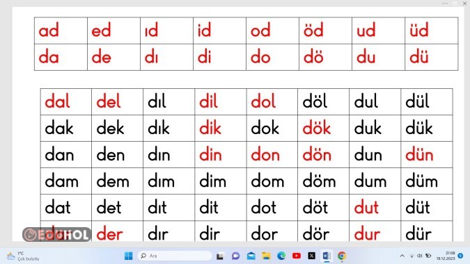 ddd sesi hece ve kelime tablosu, üç farklı metin