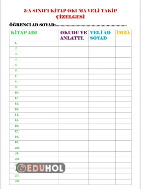 Kitap okuma veli takip çizelgesi