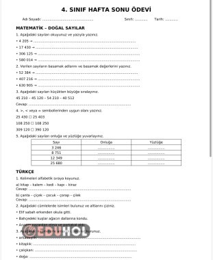 Hafta Sonu Ödevi Türkçe/Matematik PDF