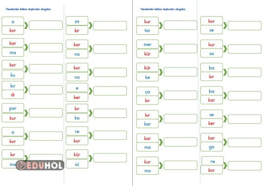 BASARA KAR KER KİR HECELERİ İLE HECEDEN KELİME OLUŞTURMA ÇALIŞMASI