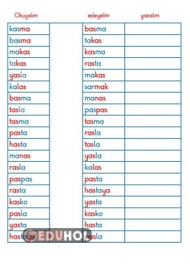 BASARA KAS YAS BAS KELİME EŞLEME YAZMA ÇALIŞMASI