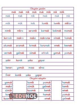 BASARA MAK MEK MİK MOK MUK MIK MÖK MÜK HECELERİ İLE KELİME -CÜMLE OKUMA YAZMA
