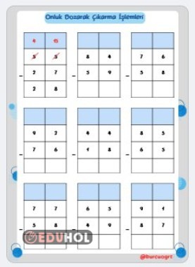 Adım Adım Onluk Bozarak Çıkarma İşlemleri Çalışma Kağıdı