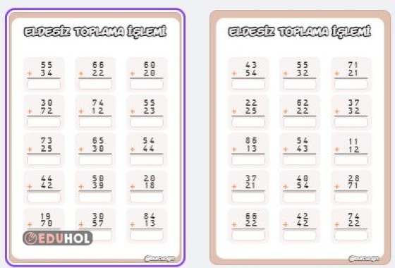 Eldesiz Toplama İşlemi Çalışma Kağıdı