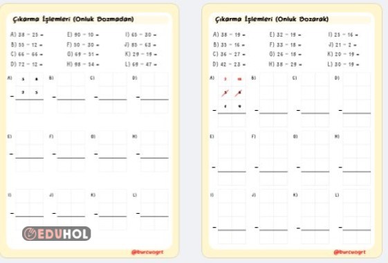 Onluk Bozmadan ve Onluk Bozarak Çıkarma İşlemi Çalışma Kağıtları