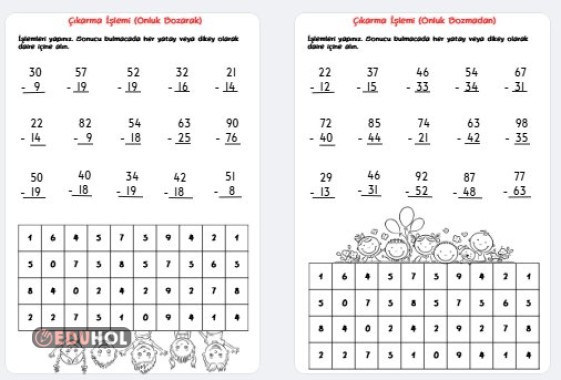 Onluk Bozmadan ve Onluk Bozarak Çıkarma İşlemleri Çalışma Kağıdı