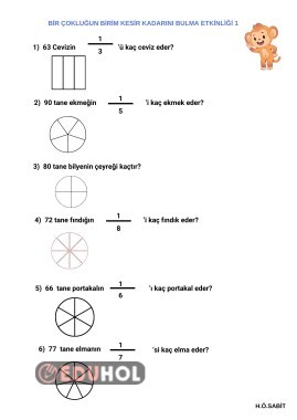 BİR ÇOKLUĞUN BİRİM KESİR KADARINI BULMA ETKİNLİĞİ 1