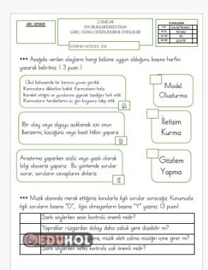 Fen Bilimleri 1. Tema Süreç Odaklı Değerlendirme Etkinliği