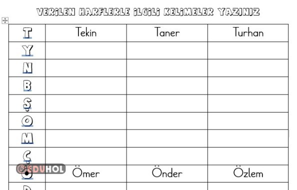 Verilen Harfle 3 İsim Yazma Etkinliği